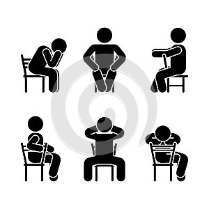 Man people various sitting position. Posture stick figure. Vector seated person icon symbol sign pictogram on white.