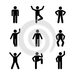 Man people various standing position. Posture stick figure. Vector illustration of posing person icon symbol sign pictogram.