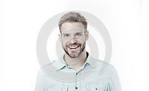 Man with perfect smile on unshaven face isolated on white background. Happy man with beard. Bearded and handsome. Skin