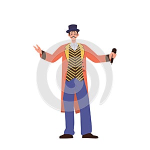 Man performer character in festive stage costume announcing next circus number with microphone