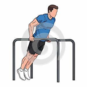 Man performing dips on parallel bars exercise