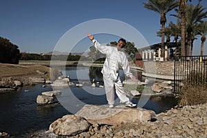 Man Performing Tai Chi on rock