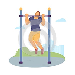 Man performs pull-ups on horizontal bar, flat vector illustration isolated.