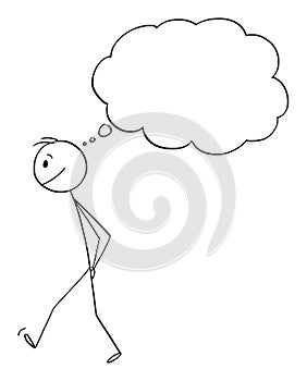 Man or Person Walking and Thinking with Empty Though Bubble, Vector Cartoon Stick Figure Illustration