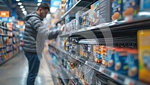 A man is perusing products on shelves in a retail store in the city