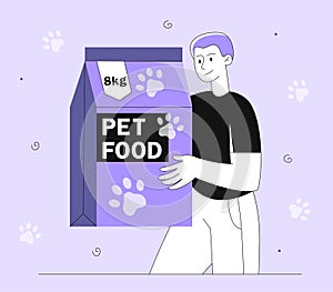 Man with pet food vector line concept