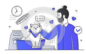 A man petting a content cat with icons of love and time