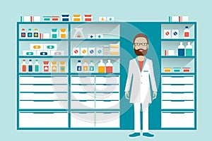 Man pharmacist in a pharmacy, drugstore. Shelves with medicines, cure, pills.