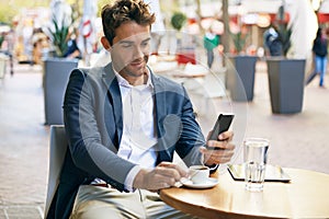 Man, phone or cafe to relax on social media to connect, browse or search on web, blog or mobile app. Businessman, tech