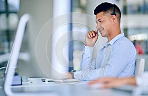 Man, phone call and callcenter worker for telecom, communication and contact us with CRM. Happy working at telemarketing