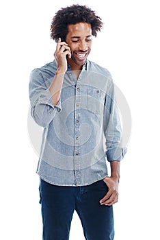 Man, phone call and communication in studio for talking conversation or white background, networking or mockup space