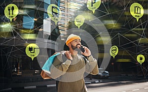 Man, phone call and shopping bag in city hologram for e commerce, travel connection or integration app. African student