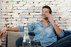 Man Phone Call Smile, Communication Sitting