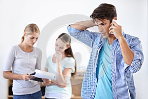 Man, phone call and stress for communication and networking, technology and connection or anxiety. Male person