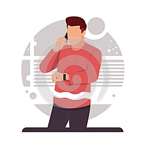man on the phone looking at his wrist watch, vector illustration