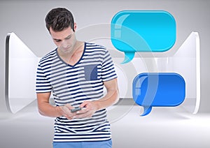 man on phone with two shiny chat bubbles