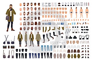 Man photographer or photo journalist creation kit or animation set. Bundle of body parts, clothes, accessories. Male