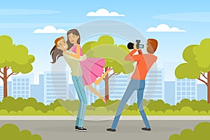 Man Photographer Shooting Romantic Couple with Professional Camera in the Park Vector Illustration