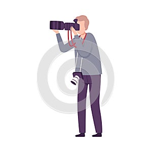 Man Photographer Taking Photo with Digital Equipment, Paparazzi, Journalist or Television Correspondent Character Flat