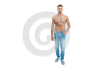 A man with physique poses shirtless showing muscular torso, banner. muscular man with torso isolated on white. shirtless