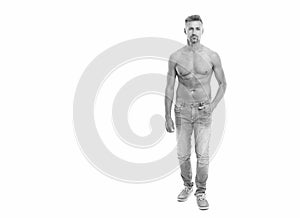 A man with physique poses shirtless showing muscular torso, banner. muscular man with torso isolated on white. shirtless