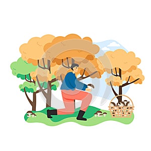 Man picking edible mushroom in autumn forest. Basket full of mushrooms. Outdoor fall season hobby concept vector