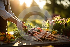 a man is picking up carrots from a table at an outdoor farmers market