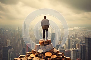 man at the pinnacle of fame and fortune standing on a pile of money as tall as a skyscraper gazing out over the huge city