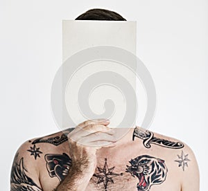 Man Placard Face Covered Copy Space Arts Tattoo Concept photo
