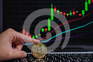 A man placed a Bitcoin gold coin and chart background on a laptop. Trading Concept Of Crypto Currency