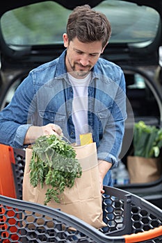 man placing shopping bags in car