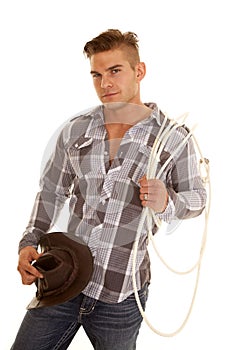 Man plaid shir rope western hat look smile