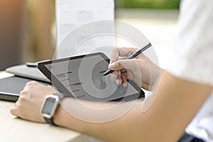 Man planning agenda and schedule using calendar event planner. Man hands using plan to vacation on laptop computer. Calender