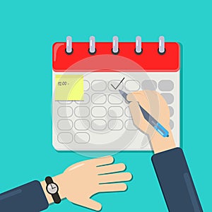 The man planning and scheduling his operations on the calendar. Drawing check mark with pen. Flat style illustration