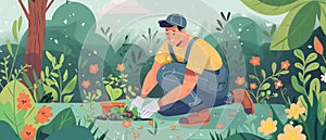 Man planting flowers in the garden. Green background. Flat illustration for web banner