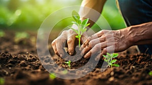 Man planting a small green plant sprout in the ground