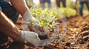 Man planting tomato seedling in the ground.