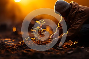 A man planting a tree with care and dedication. Small plant growing out of the dirt