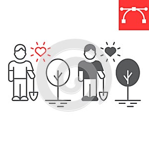 Man planting tree line and glyph icon