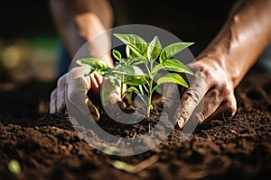 Man plants a sprout in the ground. Green nature conservation concept