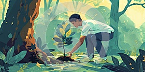 The man plants trees. Climate change, Renewal of nature. Eco friendly illustration