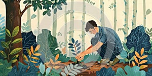 The man plants trees. Climate change, Renewal of nature. Eco friendly illustration