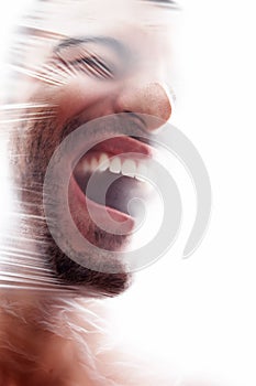 Man, plastic and bag with choking, gasping and crisis for breath in white background. Male person, expression and