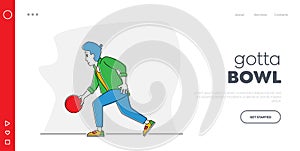 Man Player Throw Ball on Lane Hit Pins Landing Page Template. Bowler Male Character Spend Time Playing in Bowling Club