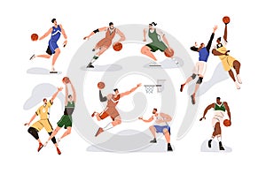 Man players playing basketball with orange ball, throwing it to net basket, dribbling, dunking and jumping during sports