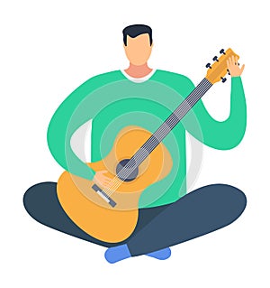 Man playing acoustic guitar, male character hobby music instrument, practice song training cartoon vector illustration