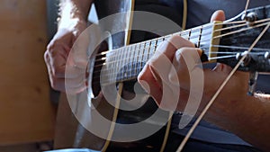 Man Playing Acoustic Guitar. Musician Plays Music. Slow Motion.