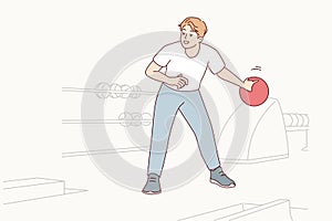 Man playing bowling swings hand to make great throw and knock down all pins. Vector image