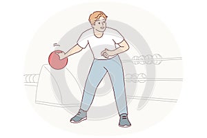 Man playing bowling swings hand to make great throw and knock down all pins. Vector image
