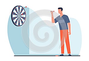 Man playing darts. Aim at target. Male character ready to throw arrow. Hobby and leisure time. Dartboard on wall